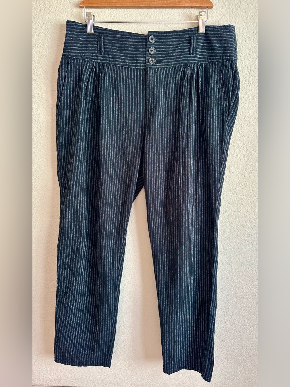 New Sundance Amelia Linen Stripe Trouser Pants Black Paper Bag Waist Women’s 14